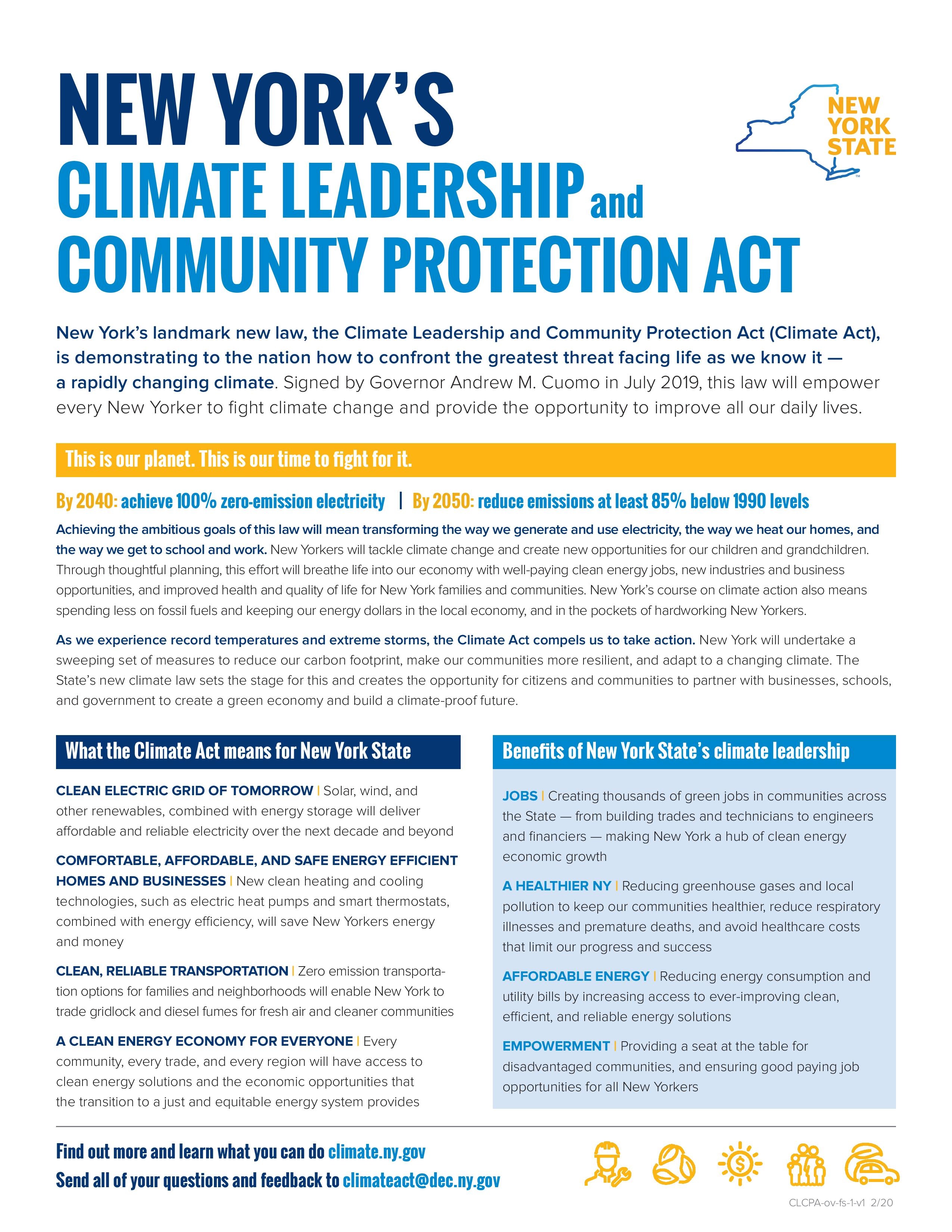 New York Climate Leadership and Community Protection Act (CLCPA) Fact Sheet